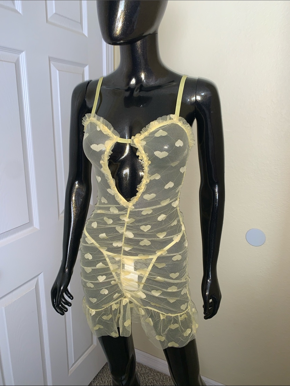 Sheer Heart-Print Mesh Chemise with Keyhole Front - Yellow, Matching Thong